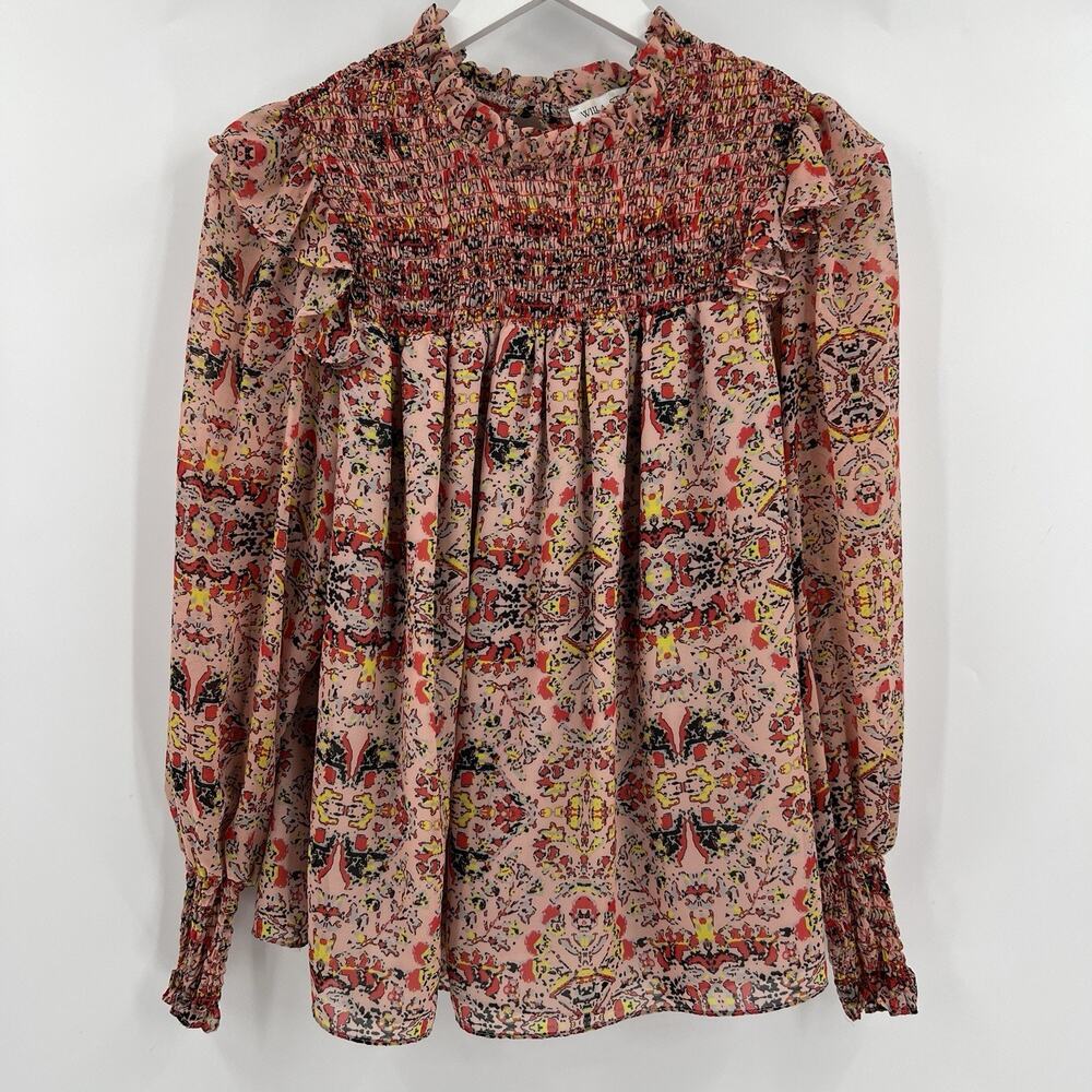 Willa Story Smocked Long Sleeve Blouse‎ Top Geometric Print Women’s Size Medium - Picture 2 of 9